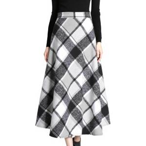 imageTanming Womens Winter Warm Elastic Waist Wool Plaid ALine Pleated Long SkirtPlaid Grey