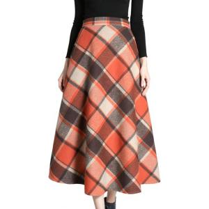 imageTanming Womens Winter Warm Elastic Waist Wool Plaid ALine Pleated Long SkirtPlaid Orange