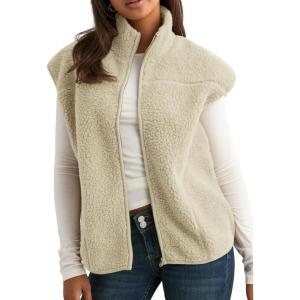 imageTanming Womens Fuzzy Sherpa Fleece Vest Lightweight Cozy Sleeveless Gilet Zip Up Jacket with PocketsBeige