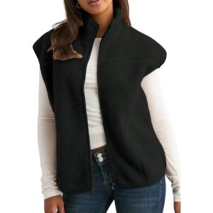 imageTanming Womens Fuzzy Sherpa Fleece Vest Lightweight Cozy Sleeveless Gilet Zip Up Jacket with PocketsBlack