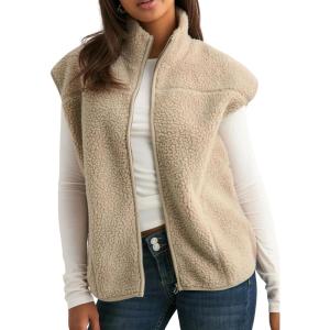 imageTanming Womens Fuzzy Sherpa Fleece Vest Lightweight Cozy Sleeveless Gilet Zip Up Jacket with PocketsKhaki