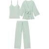 imageTanming Womens Pjs Sets 3 Piece Lounge Sets Striped Wrap Top Camisole Wide Leg Pants Cute Soft Pajama SetGreen