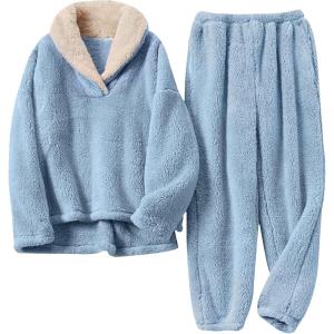 imageTanming Womens Fluffy Pajamas Set Fleece Pullover Pants Plush Loungewear SleepwearBlue