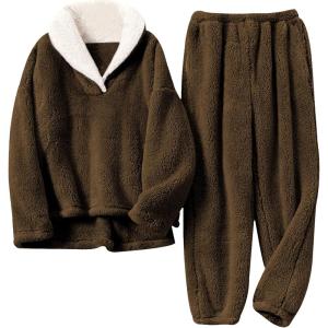 imageTanming Womens Fluffy Pajamas Set Fleece Pullover Pants Plush Loungewear SleepwearBrown