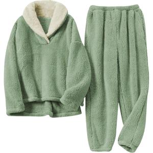 imageTanming Womens Fluffy Pajamas Set Fleece Pullover Pants Plush Loungewear SleepwearGreen