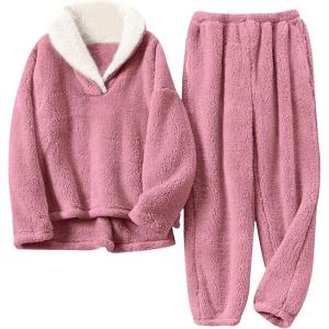 imageTanming Womens Fluffy Pajamas Set Fleece Pullover Pants Plush Loungewear SleepwearPink