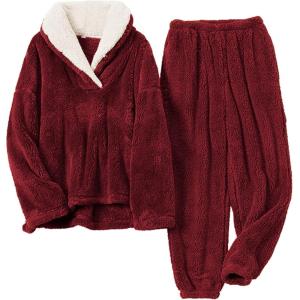 imageTanming Womens Fluffy Pajamas Set Fleece Pullover Pants Plush Loungewear SleepwearRed