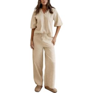 imageTanming Womens Gingham Pajama Sets Plaid 2 Piece Lounge Outfits Sleepwear Half Sleeve Long Pant Nightwear Soft Y2K PjsBeige
