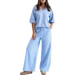 imageTanming Womens Gingham Pajama Sets Plaid 2 Piece Lounge Outfits Sleepwear Half Sleeve Long Pant Nightwear Soft Y2K PjsBlue