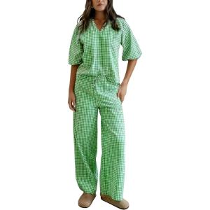 imageTanming Womens Gingham Pajama Sets Plaid 2 Piece Lounge Outfits Sleepwear Half Sleeve Long Pant Nightwear Soft Y2K PjsGreen