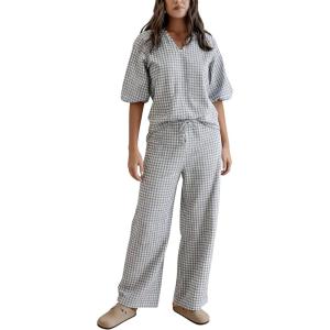 imageTanming Womens Gingham Pajama Sets Plaid 2 Piece Lounge Outfits Sleepwear Half Sleeve Long Pant Nightwear Soft Y2K PjsGrey