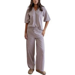 imageTanming Womens Gingham Pajama Sets Plaid 2 Piece Lounge Outfits Sleepwear Half Sleeve Long Pant Nightwear Soft Y2K PjsKhaki