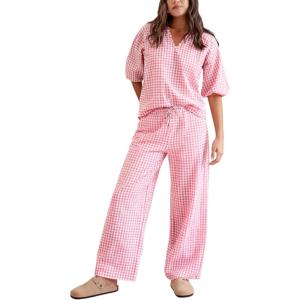 imageTanming Womens Gingham Pajama Sets Plaid 2 Piece Lounge Outfits Sleepwear Half Sleeve Long Pant Nightwear Soft Y2K PjsPink