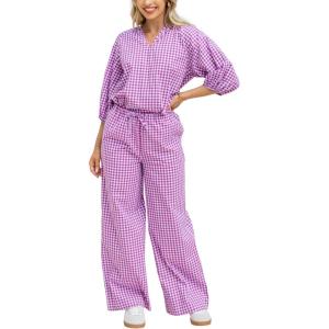 imageTanming Womens Gingham Pajama Sets Plaid 2 Piece Lounge Outfits Sleepwear Half Sleeve Long Pant Nightwear Soft Y2K PjsPurple