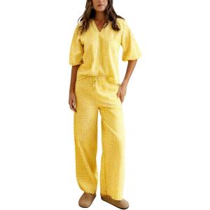 imageTanming Womens Gingham Pajama Sets Plaid 2 Piece Lounge Outfits Sleepwear Half Sleeve Long Pant Nightwear Soft Y2K PjsYellow