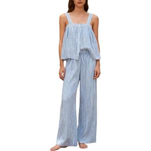imageTanming Womens Striped Pajama Sets 2 Piece Sleeveless Square Neck Tops Drawstring Wide Leg Pants Set Casual Lounge OutfitBlue