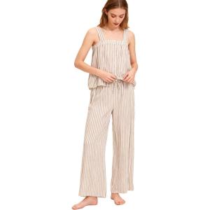 imageTanming Womens Striped Pajama Sets 2 Piece Sleeveless Square Neck Tops Drawstring Wide Leg Pants Set Casual Lounge OutfitKhaki