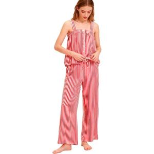imageTanming Womens Striped Pajama Sets 2 Piece Sleeveless Square Neck Tops Drawstring Wide Leg Pants Set Casual Lounge OutfitRed