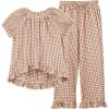imageTanming 2 Piece Sets for Women Gingham Button Down Short Sleeve Tops Ruffle Plaid Pants Pajamas Lounge SetBrown