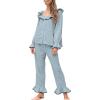 imageTanming Pajamas for Women Set Polka Dot Set Ruffled Collar Top Elastic Waist Pants Casual Pajama Set Two Piece SleepwearBlue