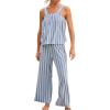 imageTanming Womens 2 Piece Lounge Set Striped Pajama Tank Top Wide Leg Pant Y2K Summer Matching Sleepwear SetsLight Blue