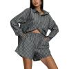 imageTanming Womens 2 Piece Outfits Striped Long Sleeve Button Down Collared Shirts Matching Shorts Lounge SetsBlack