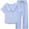 imageTanming Womens Gingham 2 Piece Pajamas Sets Puff Sleeve Babydoll Shirt Ruffle Pants Pj Lounge Set SleepwearBlue
