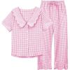 imageTanming Womens Gingham 2 Piece Pajamas Sets Puff Sleeve Babydoll Shirt Ruffle Pants Pj Lounge Set SleepwearPink
