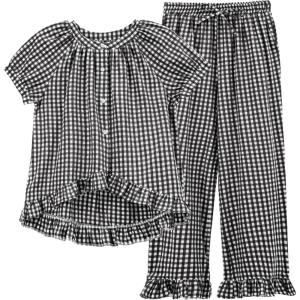 imageTanming 2 Piece Sets for Women Gingham Button Down Short Sleeve Tops Ruffle Plaid Pants Pajamas Lounge SetBlack