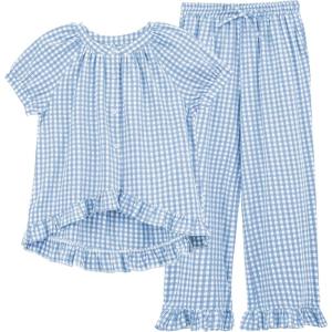 imageTanming 2 Piece Sets for Women Gingham Button Down Short Sleeve Tops Ruffle Plaid Pants Pajamas Lounge SetBlue