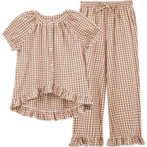imageTanming 2 Piece Sets for Women Gingham Button Down Short Sleeve Tops Ruffle Plaid Pants Pajamas Lounge SetBrown