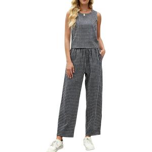 imageTanming 2 Piece Sets for Women Summer Gingham Plaid Tank Top Crop Pants Travel Vacation Beach Lounge SetsBlack