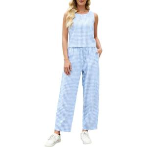 imageTanming 2 Piece Sets for Women Summer Gingham Plaid Tank Top Crop Pants Travel Vacation Beach Lounge SetsBlue
