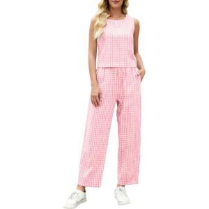 imageTanming 2 Piece Sets for Women Summer Gingham Plaid Tank Top Crop Pants Travel Vacation Beach Lounge SetsPink