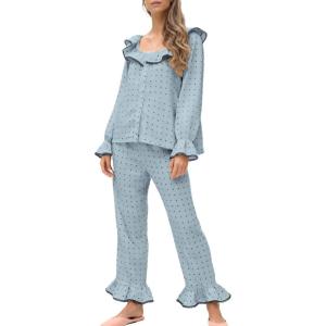 imageTanming Pajamas for Women Set Polka Dot Set Ruffled Collar Top Elastic Waist Pants Casual Pajama Set Two Piece SleepwearBlue