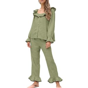 imageTanming Pajamas for Women Set Polka Dot Set Ruffled Collar Top Elastic Waist Pants Casual Pajama Set Two Piece SleepwearGreen