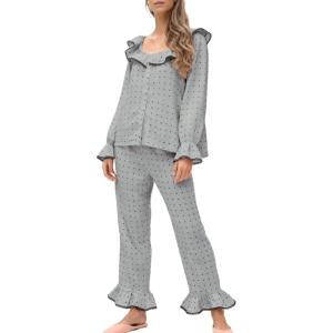 imageTanming Pajamas for Women Set Polka Dot Set Ruffled Collar Top Elastic Waist Pants Casual Pajama Set Two Piece SleepwearGrey