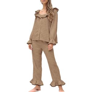 imageTanming Pajamas for Women Set Polka Dot Set Ruffled Collar Top Elastic Waist Pants Casual Pajama Set Two Piece SleepwearKhaki