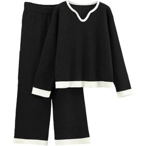 imageTanming Womens 2 Piece Outfits Long Sleeve Knit Sweater Pullover Tops Wide Leg Pants Tracksuits PJ Lounge SetsBlack