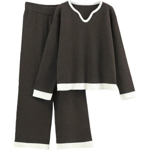imageTanming Womens 2 Piece Outfits Long Sleeve Knit Sweater Pullover Tops Wide Leg Pants Tracksuits PJ Lounge SetsBrown