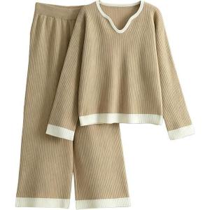 imageTanming Womens 2 Piece Outfits Long Sleeve Knit Sweater Pullover Tops Wide Leg Pants Tracksuits PJ Lounge SetsKhaki