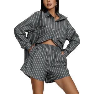 imageTanming Womens 2 Piece Outfits Striped Long Sleeve Button Down Collared Shirts Matching Shorts Lounge SetsBlack