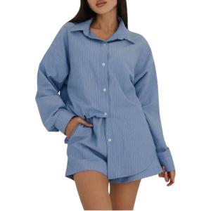 imageTanming Womens 2 Piece Outfits Striped Long Sleeve Button Down Collared Shirts Matching Shorts Lounge SetsBlue