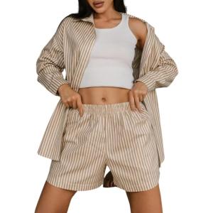 imageTanming Womens 2 Piece Outfits Striped Long Sleeve Button Down Collared Shirts Matching Shorts Lounge SetsKhaki