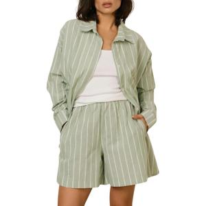 imageTanming Womens 2 Piece Outfits Striped Long Sleeve Button Down Collared Shirts Matching Shorts Lounge SetsLight Green