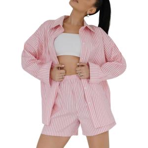 imageTanming Womens 2 Piece Outfits Striped Long Sleeve Button Down Collared Shirts Matching Shorts Lounge SetsPink