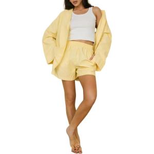 imageTanming Womens 2 Piece Outfits Striped Long Sleeve Button Down Collared Shirts Matching Shorts Lounge SetsYellow