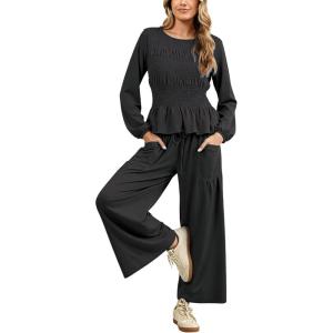 imageTanming Womens 2 Piece Sets Boho Long Sleeve Smocked Top Loose Wide Leg Pants Travel Lounge Outfit Causal SuitsBlack