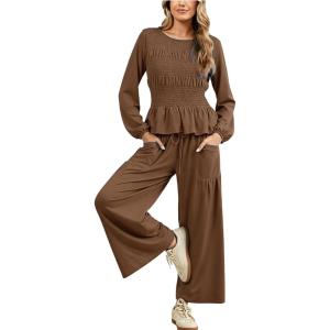 imageTanming Womens 2 Piece Sets Boho Long Sleeve Smocked Top Loose Wide Leg Pants Travel Lounge Outfit Causal SuitsBrown