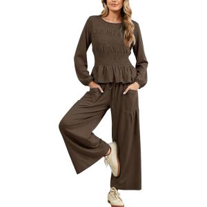 imageTanming Womens 2 Piece Sets Boho Long Sleeve Smocked Top Loose Wide Leg Pants Travel Lounge Outfit Causal SuitsCoffee